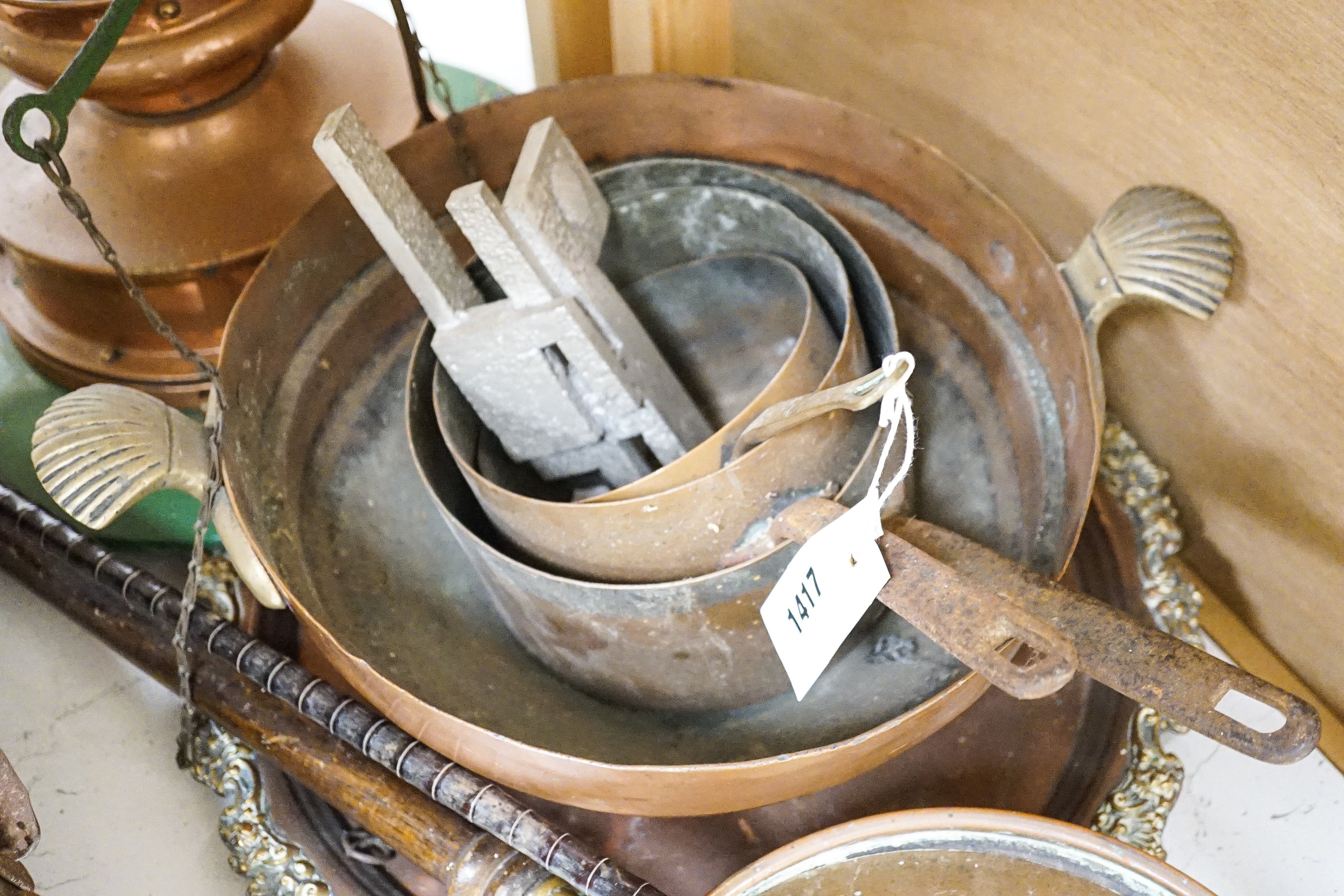 A quantity of copper wares, including a copper railway light.